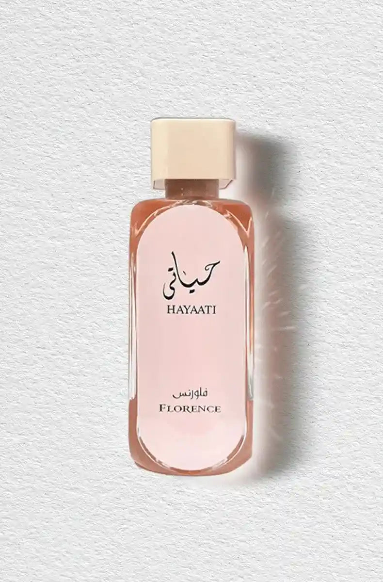 Hayaati Florence long-lasting Arabic perfume for men in a sleek, rectangular glass bottle with a soft pink label.