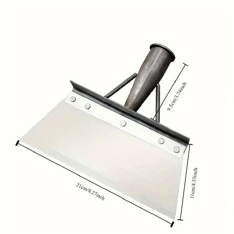 Silver garden cleaning shovel with wood handle, front view with blade size markings