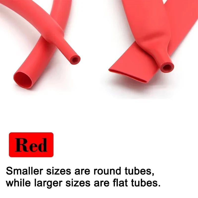 Dual-wall adhesive heat shrink tube in red, small round and larger flat tube ends