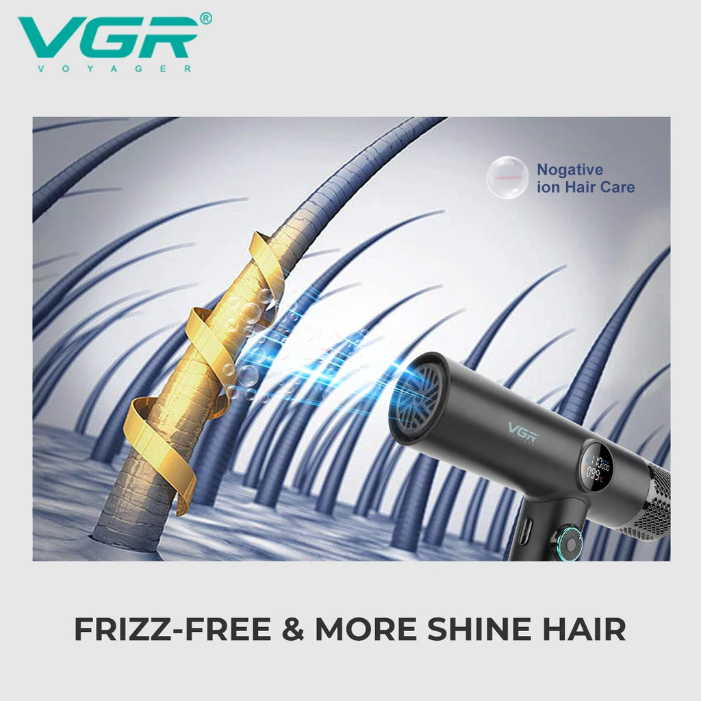 VGR V-401 professional ionic hair dryer, black brushless motor blow dryer with LCD display for frizz-free, shiny hair.