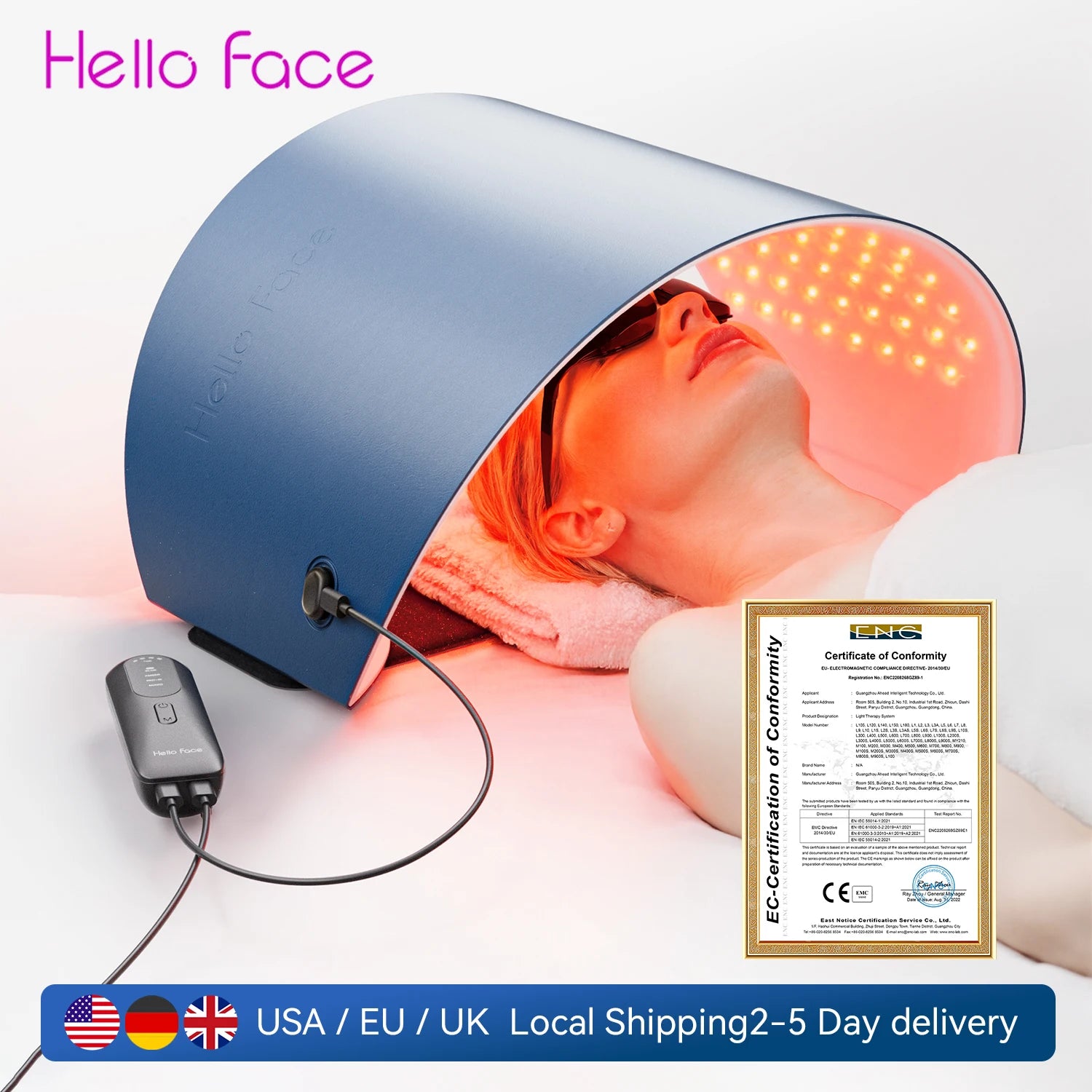 Blue curved LED light therapy mask over a person's face, with a hand controller and a Certificate of Conformity.