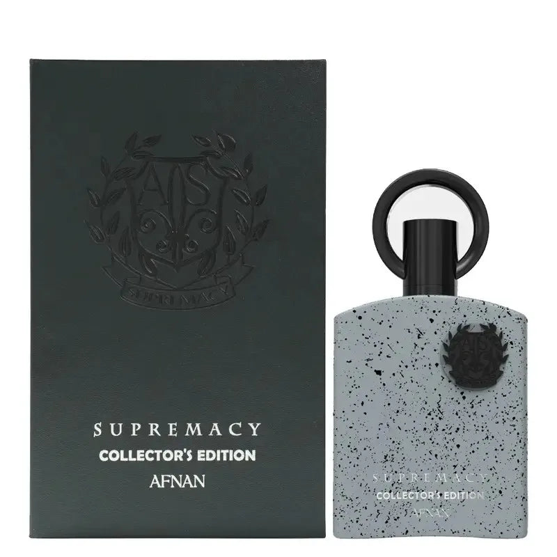 Afnan Supremacy Collector’s Edition: long-lasting masculine EDP in a speckled grey bottle with circular black cap.