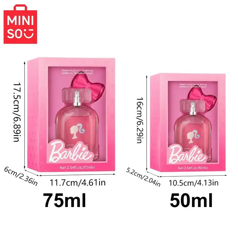 MINISO x Barbie Ballet EDP floral fruity perfume for women. Pink glass bottle with bow, 50ml/75ml gift spray set.
