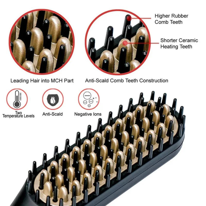 Portable mini beard and hair straightener brush with anti-scald ceramic teeth, MCH heating, and negative ion tech.