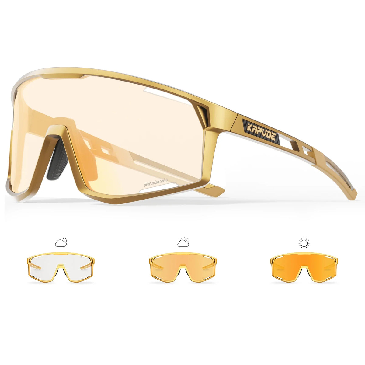 KAPVOE photochromic cycling sunglasses with gold frame and amber lens.
