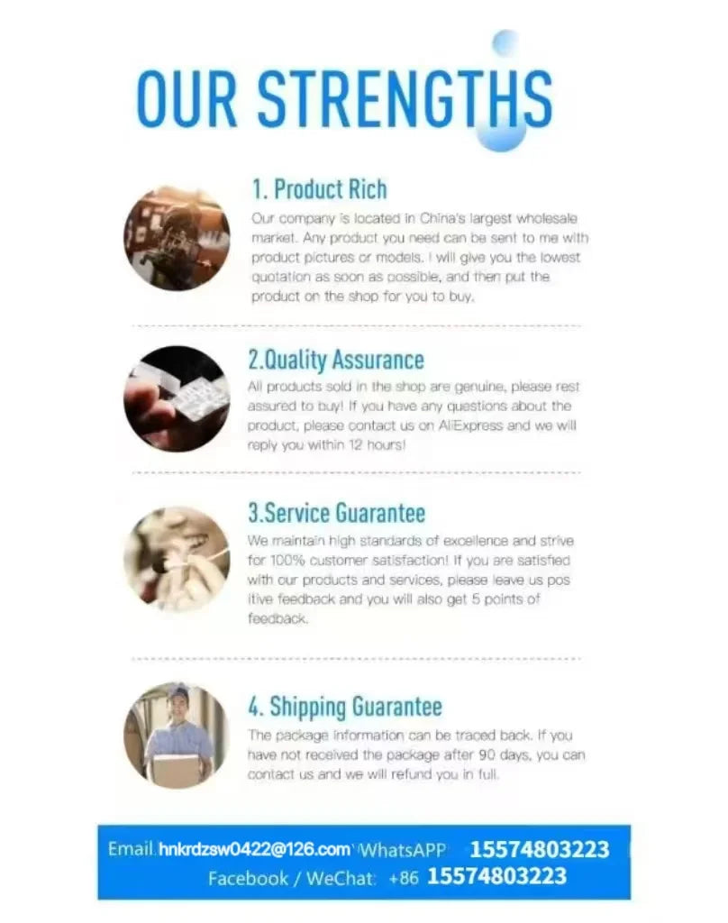 Promotional graphic listing product strengths: product, quality, service, and shipping