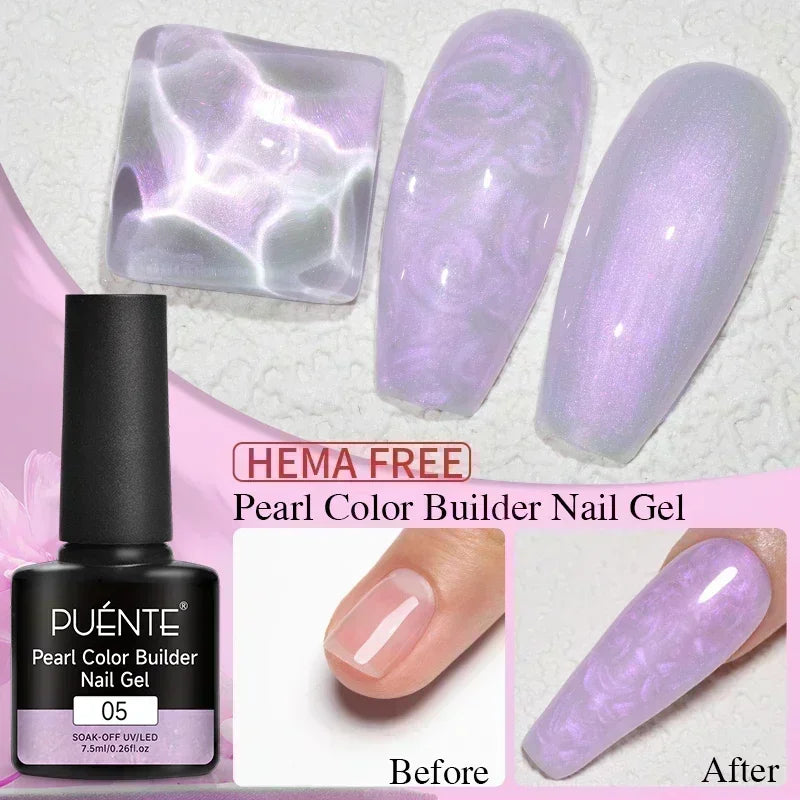 7.5ml bottle of HEMA-free iridescent lavender pearl builder nail gel with nail polish samples showing a glossy finish.