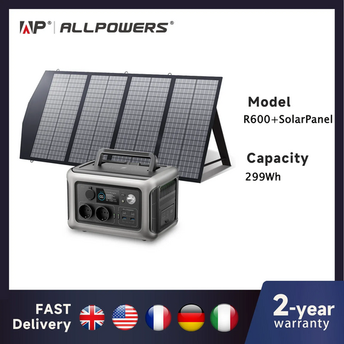 Grey ALLPOWERS R600 portable power station with black solar panel, featuring multiple ports, display, and top handle.