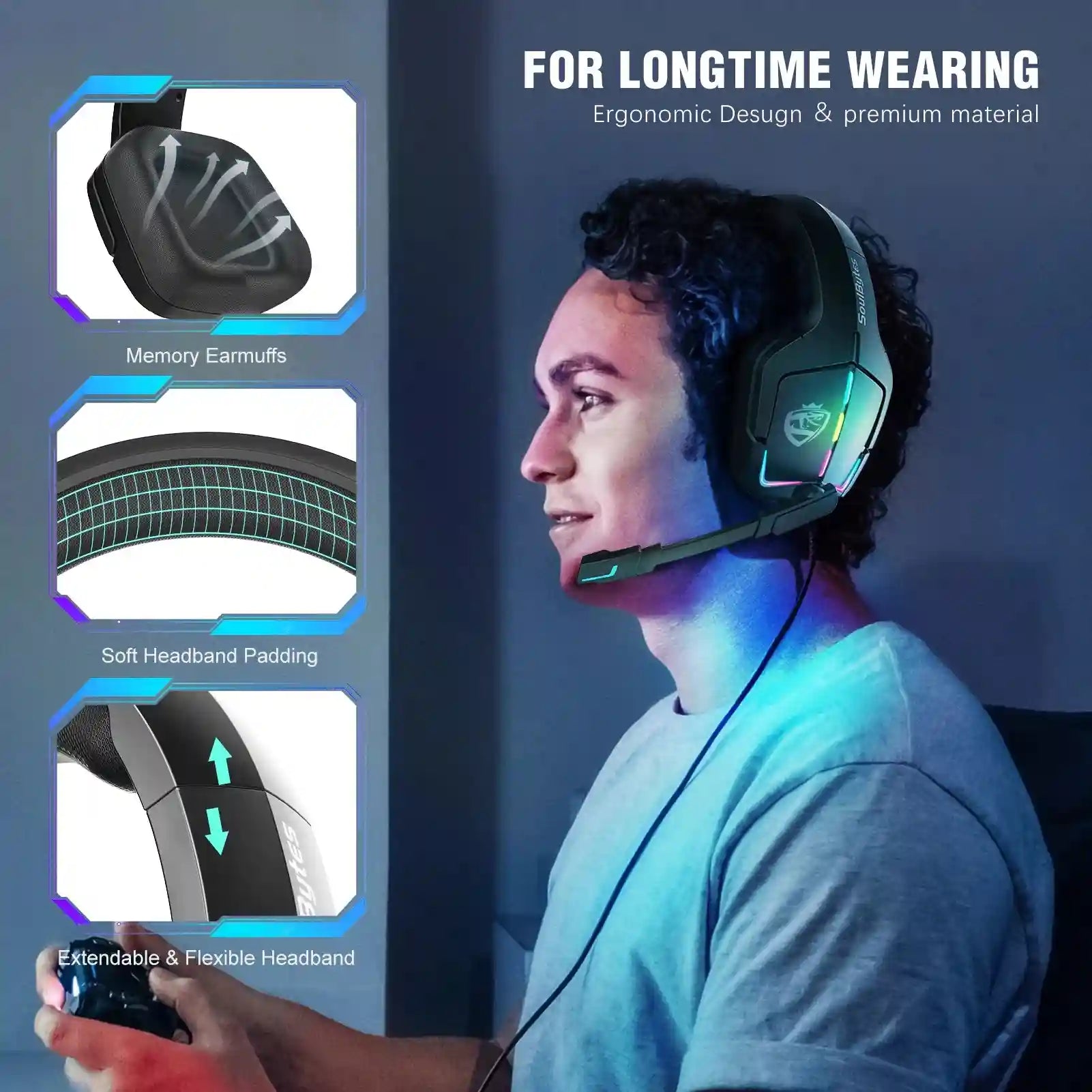 Wired Gaming Headphones with Mic - Surround Sound Over-Ear Black Tidesmit