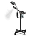 Black professional ozone facial steamer with magnifying lamp on rolling stand, emitting mist for skin spa treatment.