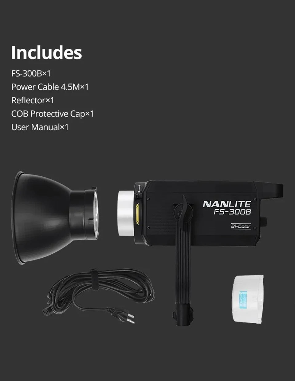 FS-300B bi-color COB LED light kit with a reflector, power cable, and protective cap for video and photo production.