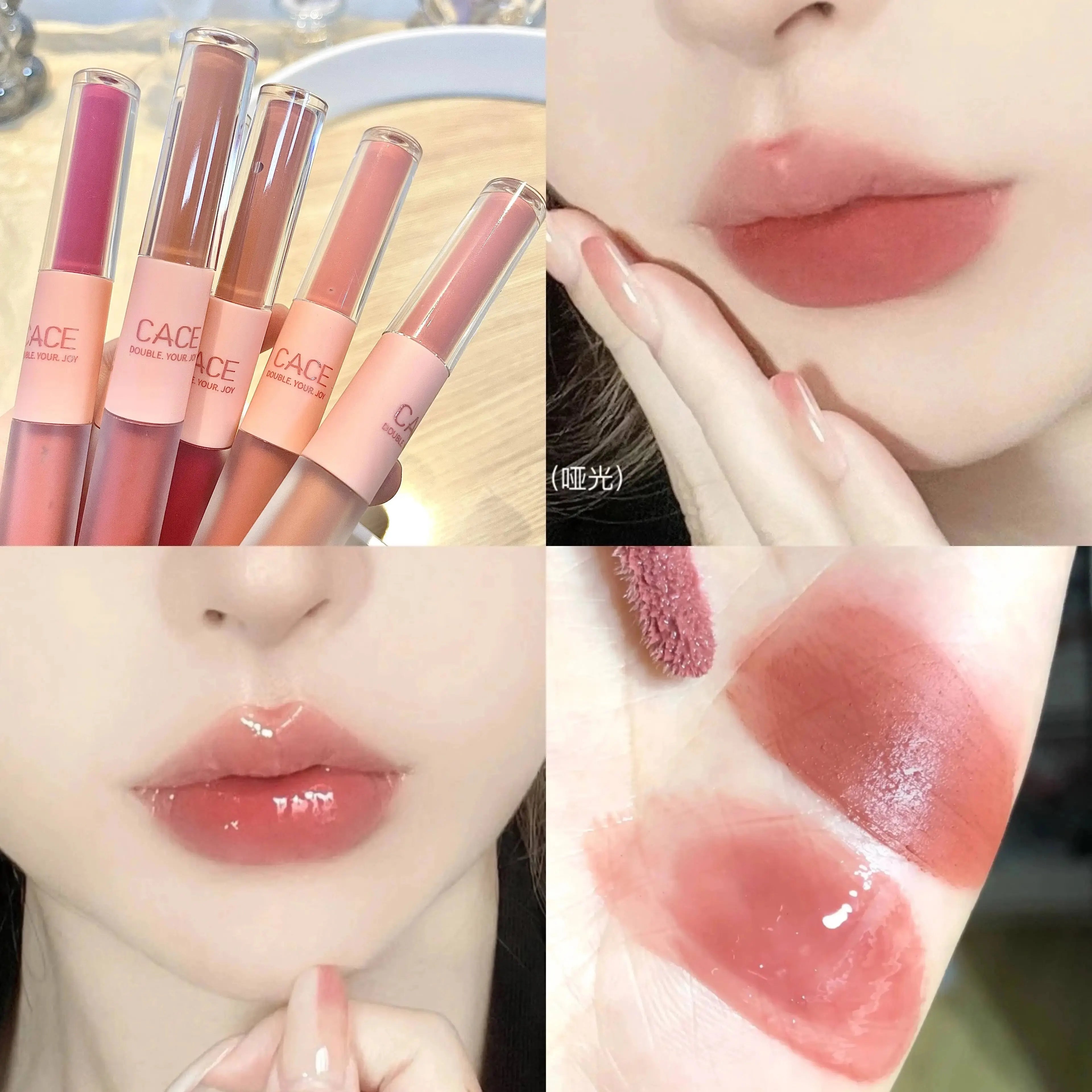 CACE double-ended lipstick with matte lip mud and glossy water glaze textures in varied red and nude shades.