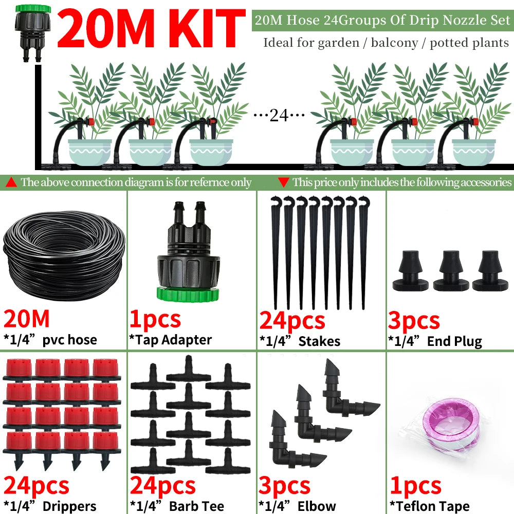 Drip irrigation kit set with coiled 20M hose, adapters, stakes, and barb tees