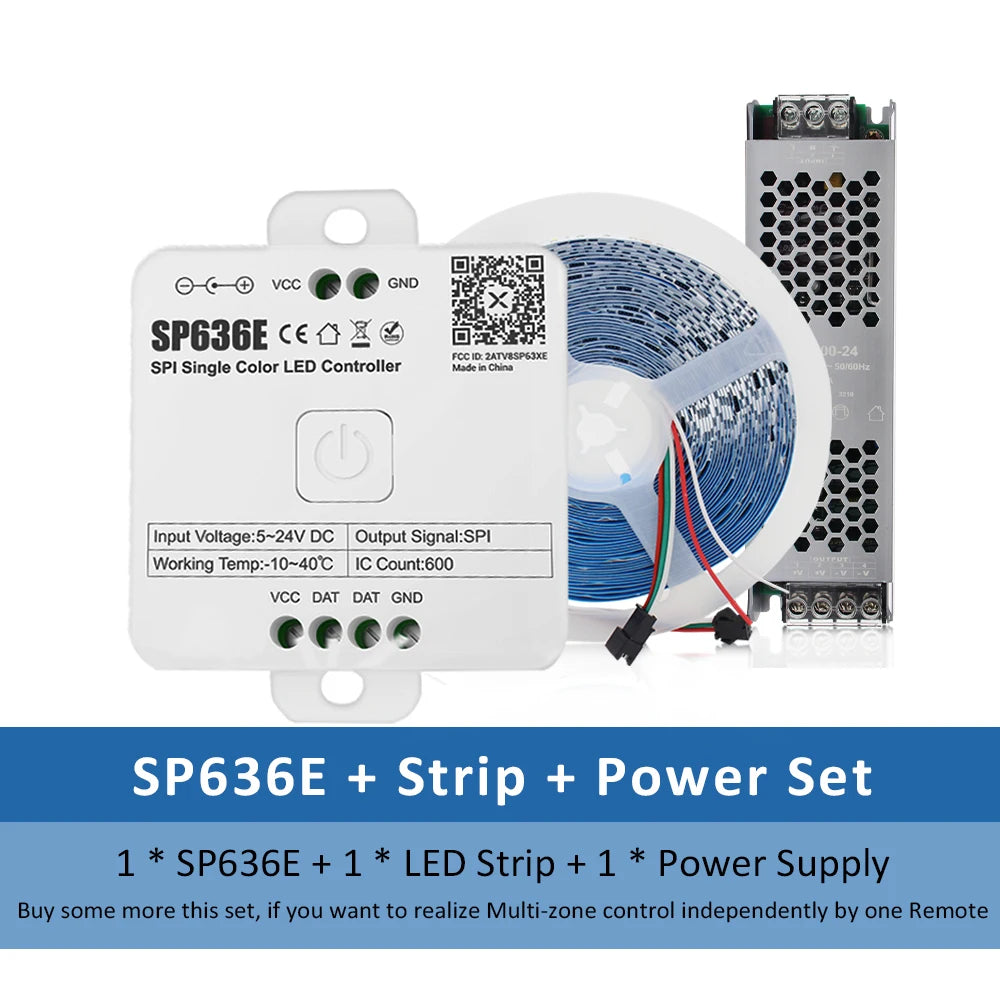 LED strip set with blue LED roll, SPI controller, and power supply module