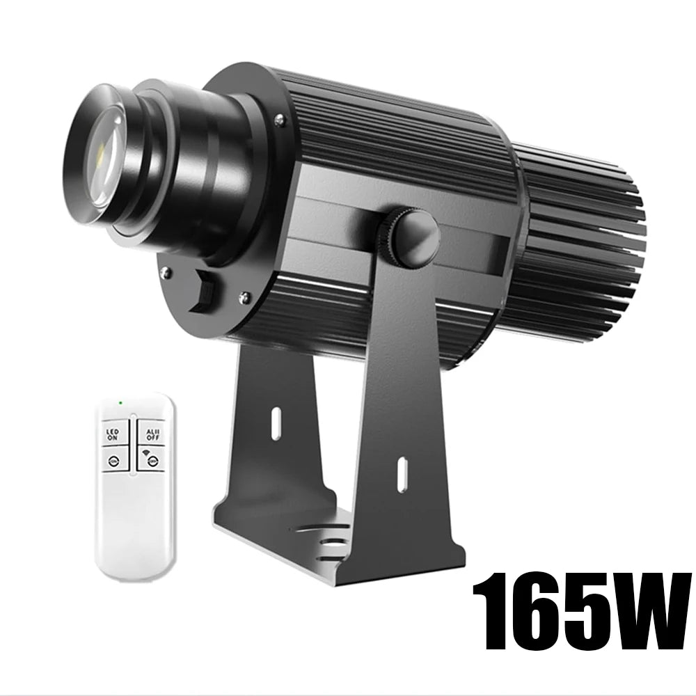 Outdoor LED spotlight projector with remote and 165W power rating, black metal housing