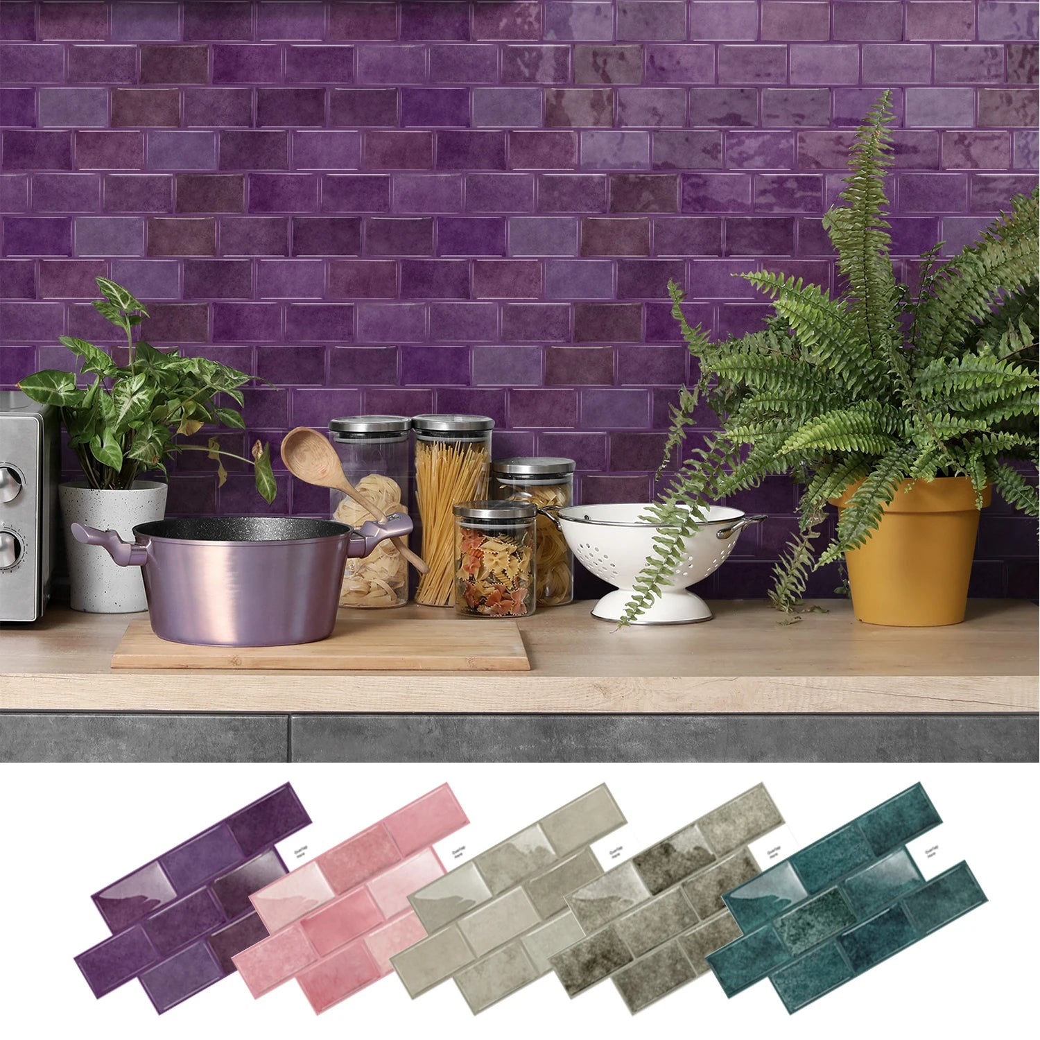 Gloss ceramic tile sticker strip in purple, with multicolor samples laid out below