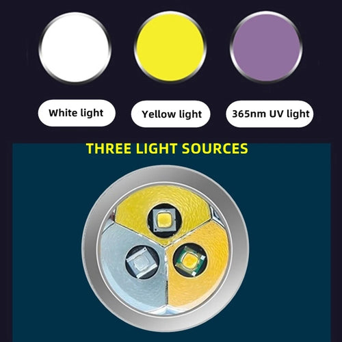 3-in-1 flashlight head showing three LEDs: white, yellow, and 365nm UV