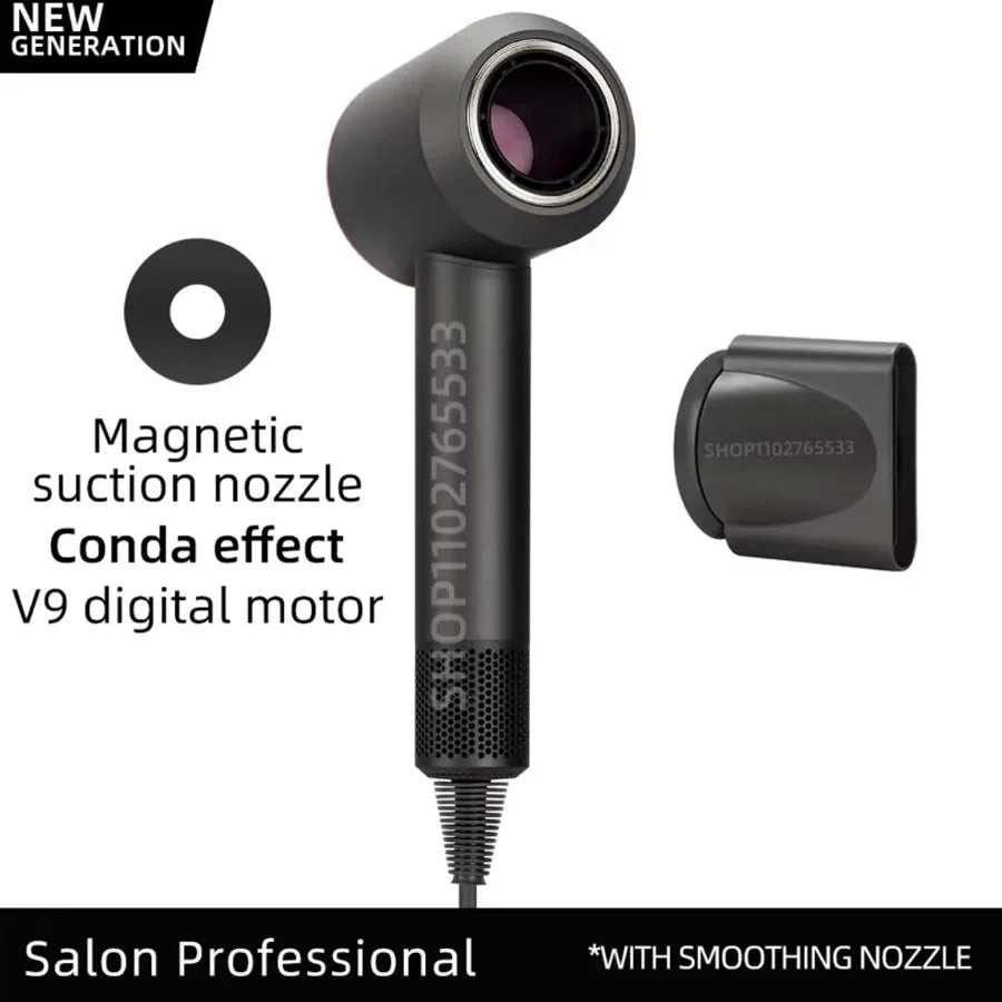 Black 5-in-1 ionic hair dryer with magnetic smoothing nozzle, V9 digital motor, and leafless professional salon design.