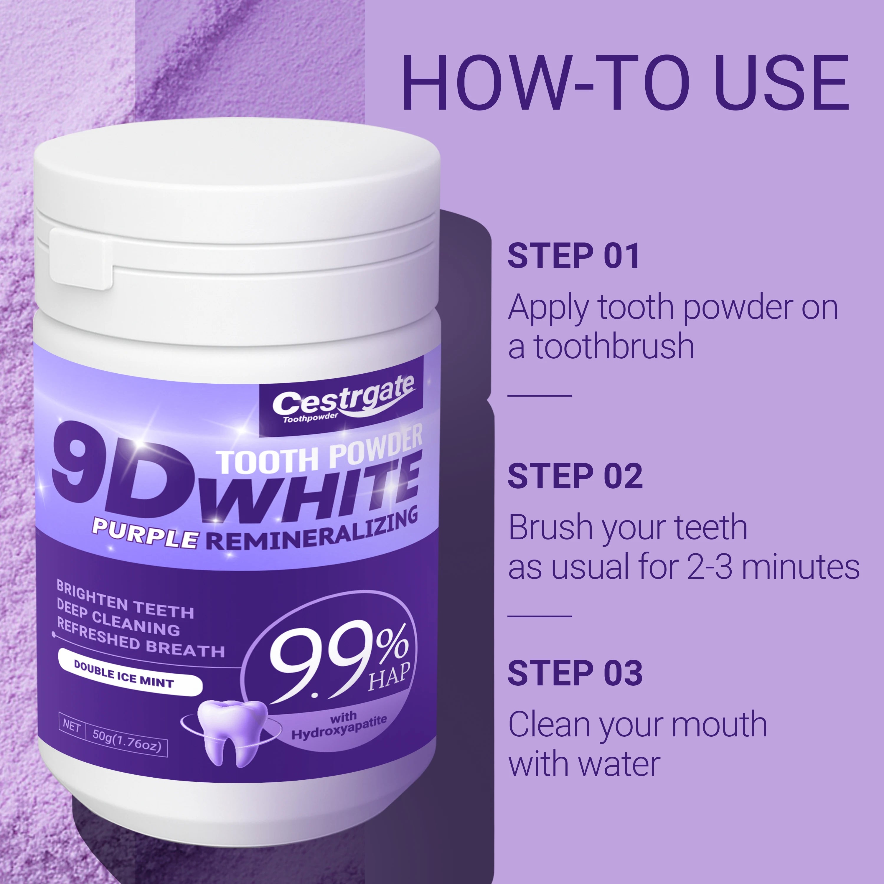 Tidesmit 9.9% purple Hydroxyapatite teeth whitening powder for deep cleaning and fresh breath dental care