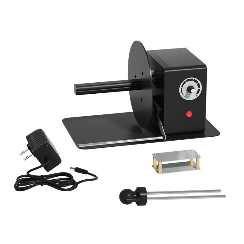 Black label rewinder kit with spindle, stand, power adapter, and cables