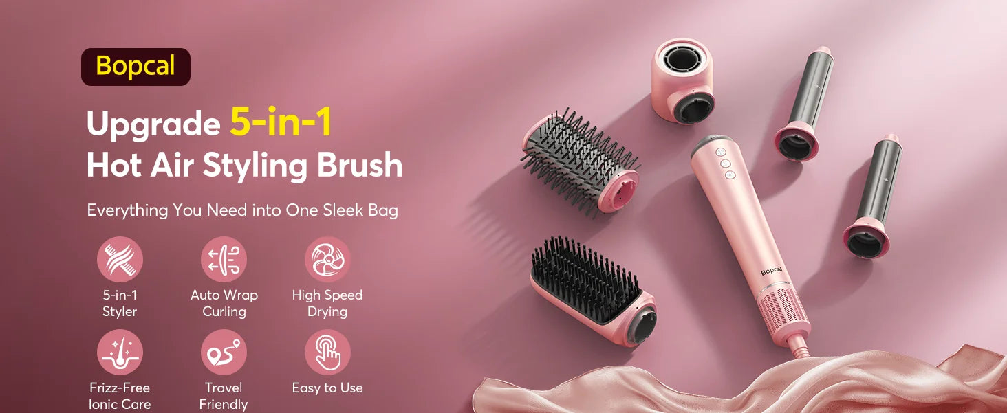 Bopcal 5-in-1 pink hot air styler brush set with auto-wrap curlers and attachments for professional hair drying.