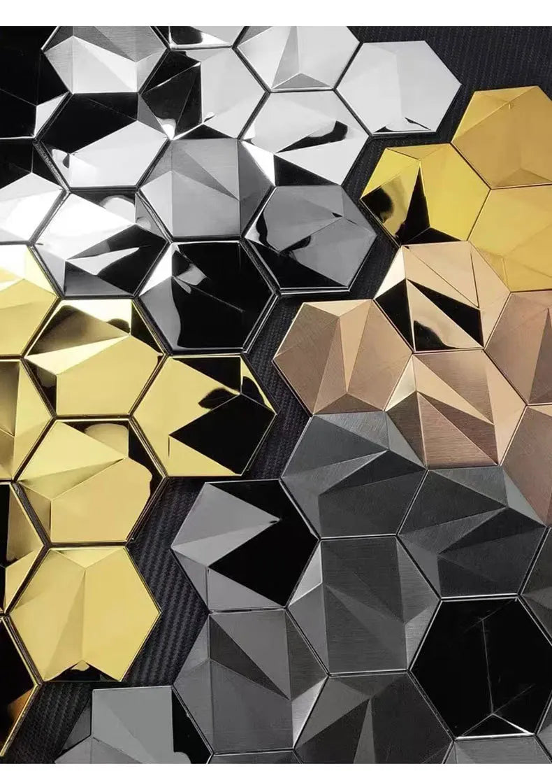 Hexagon Self-Adhesive Metal Mosaic Tiles, 3D Stainless Steel Look Aluminum Plastic Panel, Peel and Stick for Living Dining