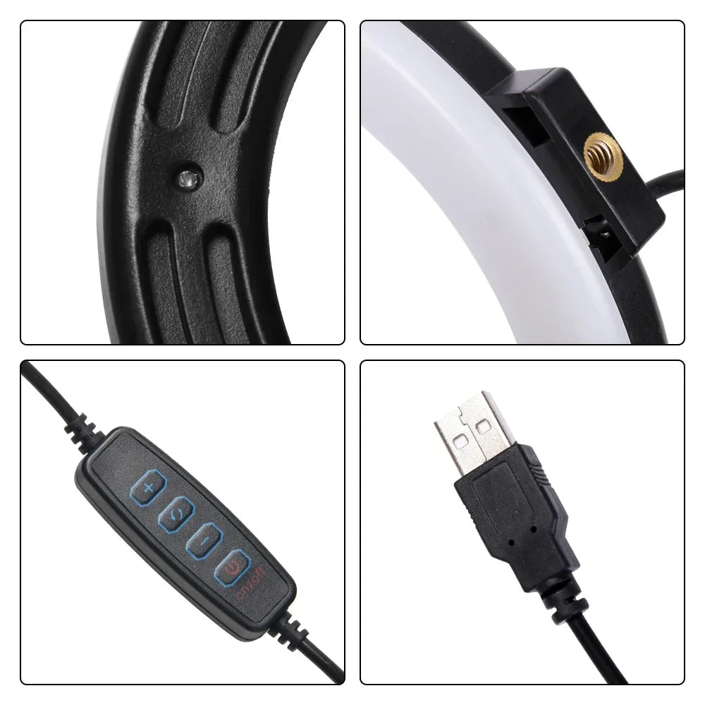 Black ring light details showing mounting port, four-button wired remote control, and a USB power connector.