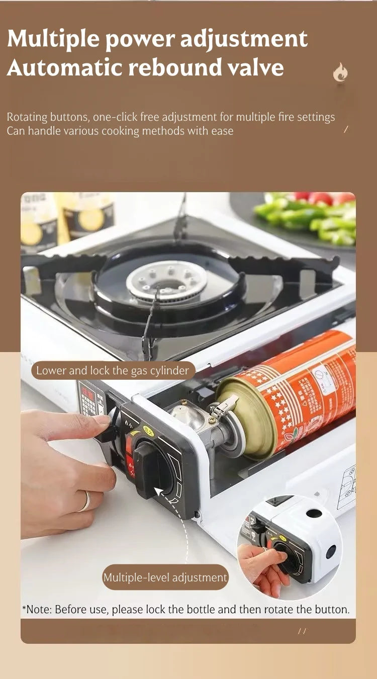 White portable cassette gas stove with adjustable burner and connected gas cylinder