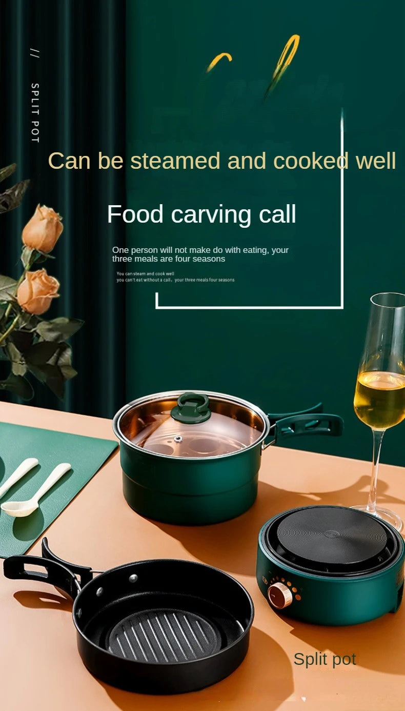Teal portable electric cooker with split pot and black fry pan, serving-ready setup