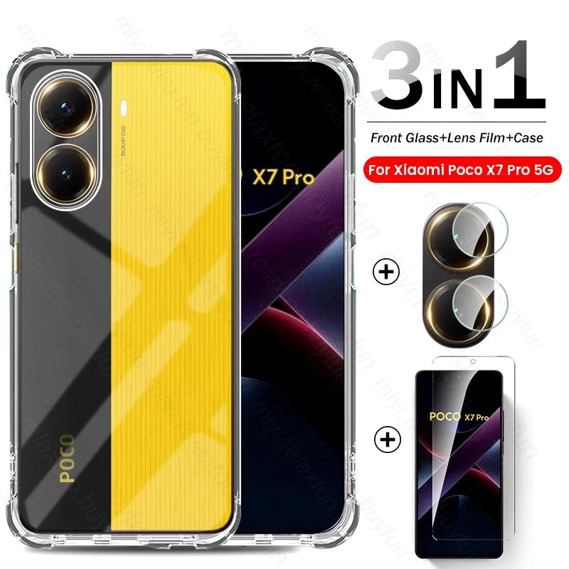 3-in-1 set for Poco X7 Pro 5G: clear silicone case, camera lens film, and front screen protector glass.