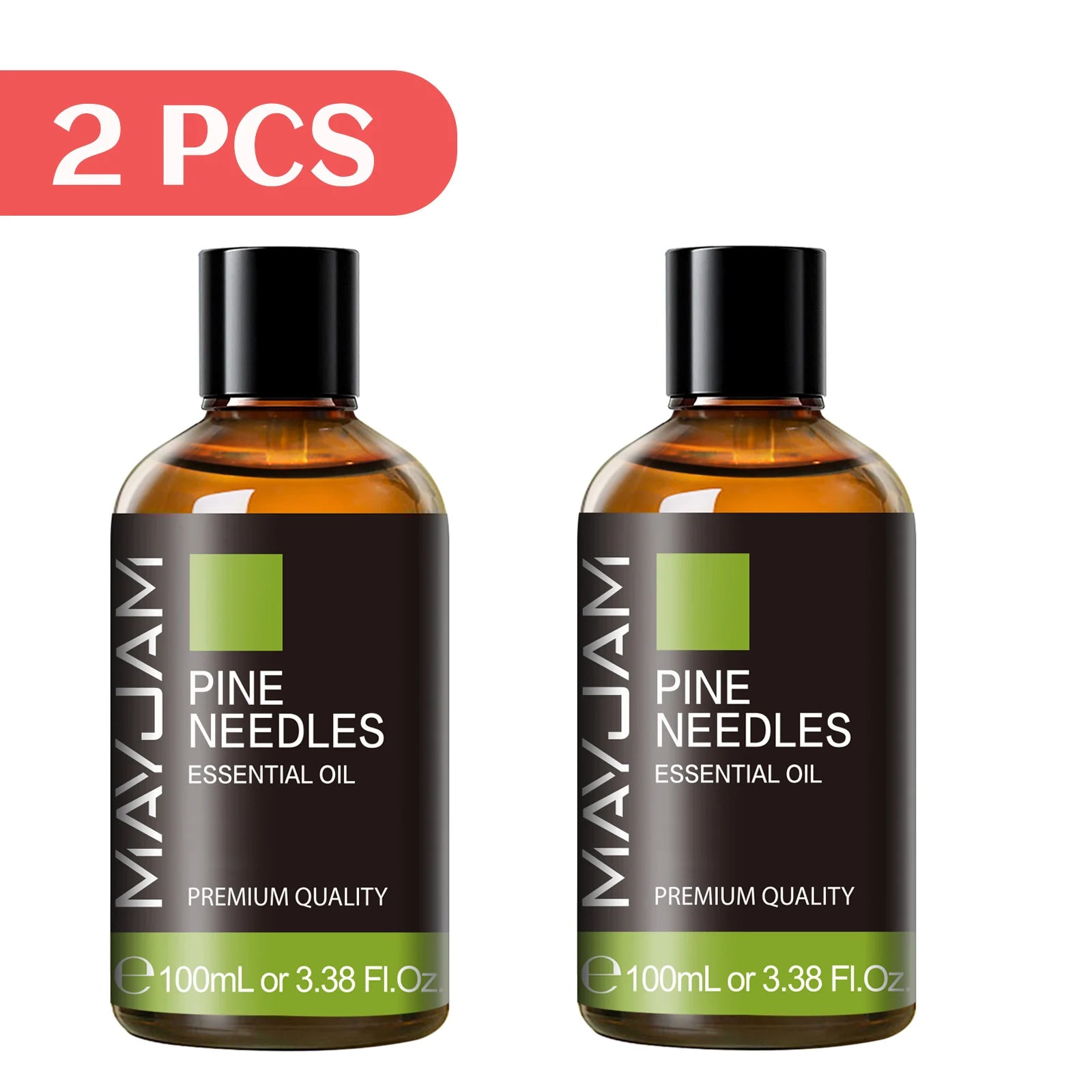 Pine needles essential oil, 2x100ml amber bottles with black caps.