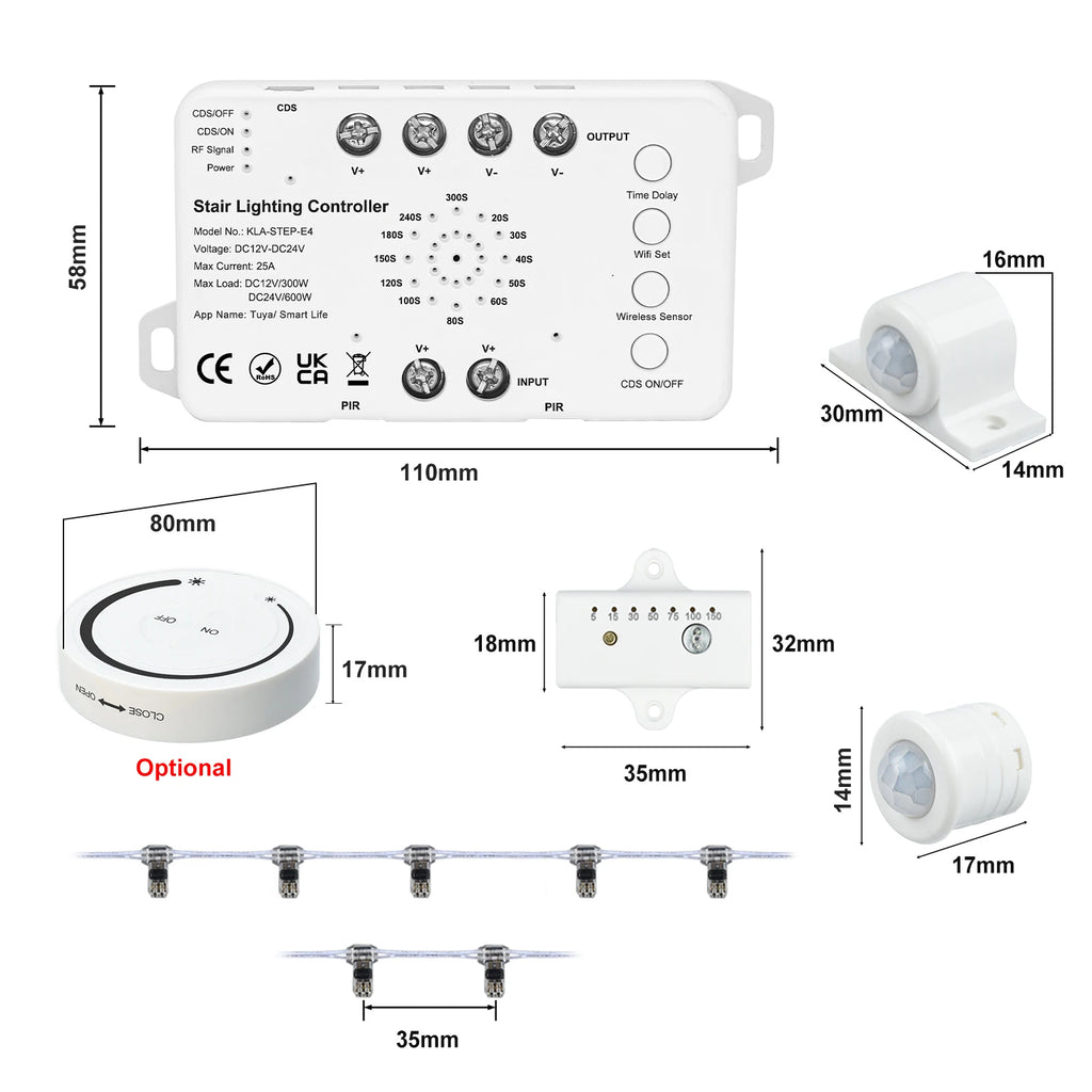 5-30 Steps New Tuya Wifi Staircase Light Kit Motion Sensor Wall Switch Remote APP Control Stair LED Strip Full Set STEP-E4