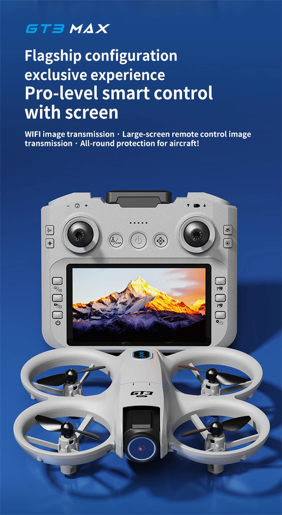 GT3 Max white drone with guarded propellers and a matching grey remote control with an integrated display screen.