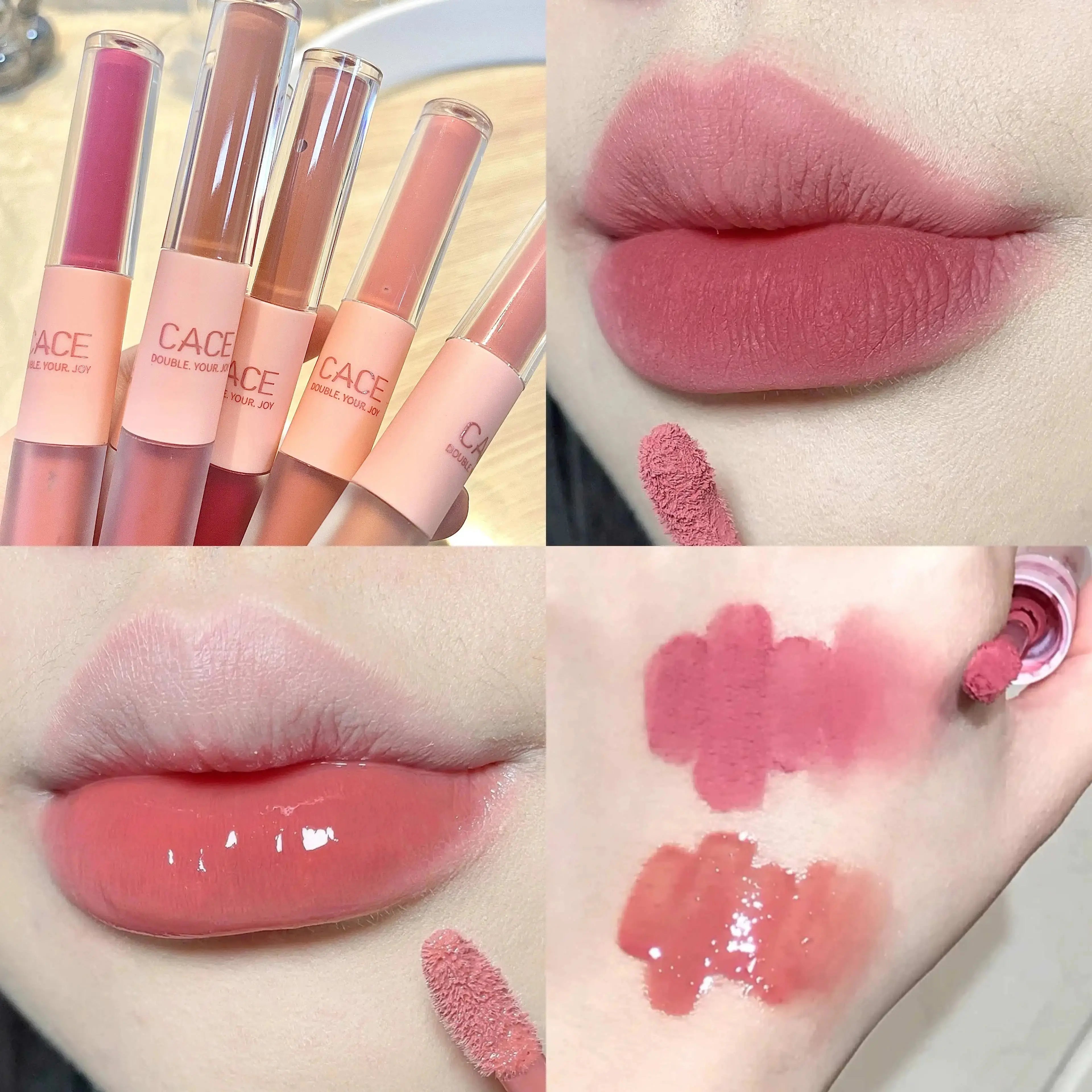 CACE double-ended lip glaze: matte lip mud and shiny water gloss applicator in pink and red shades for lip makeup.