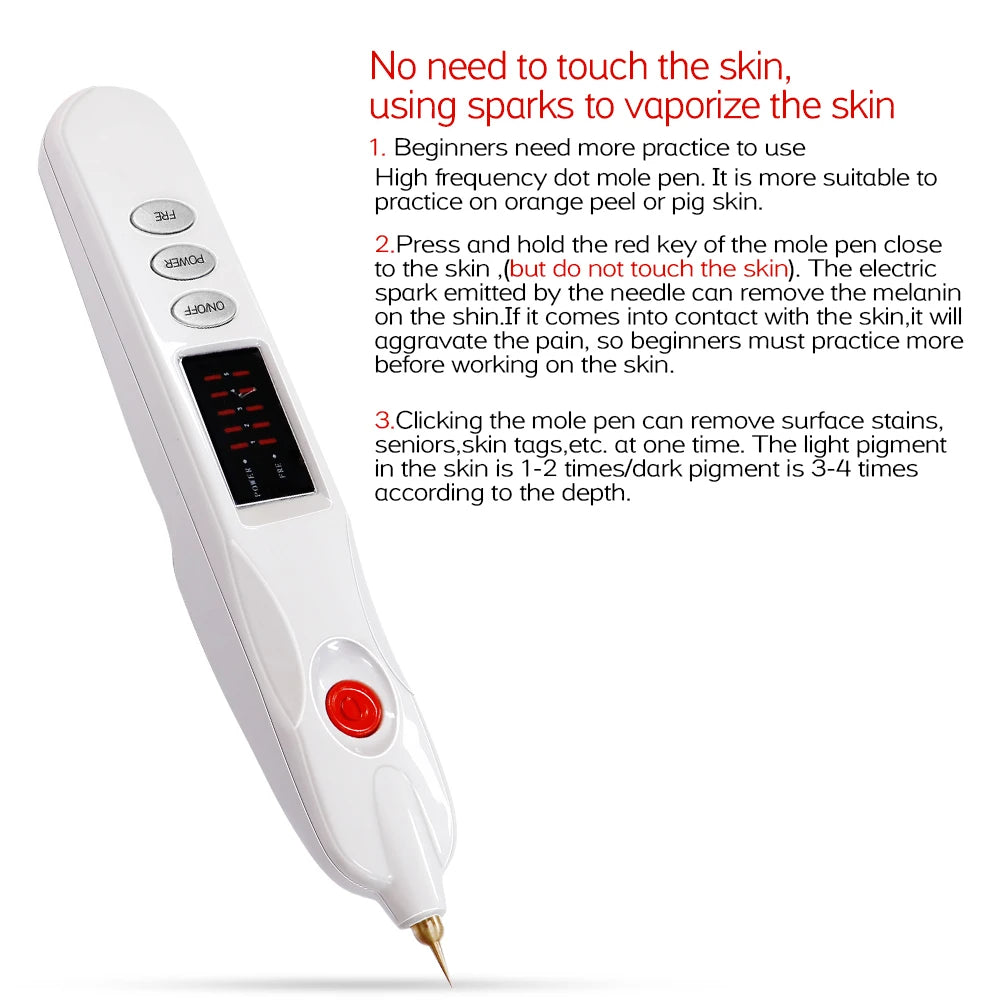 White plasma pen for removing skin tags, moles, and dark spots with LCD display, red power button, and gold needle.