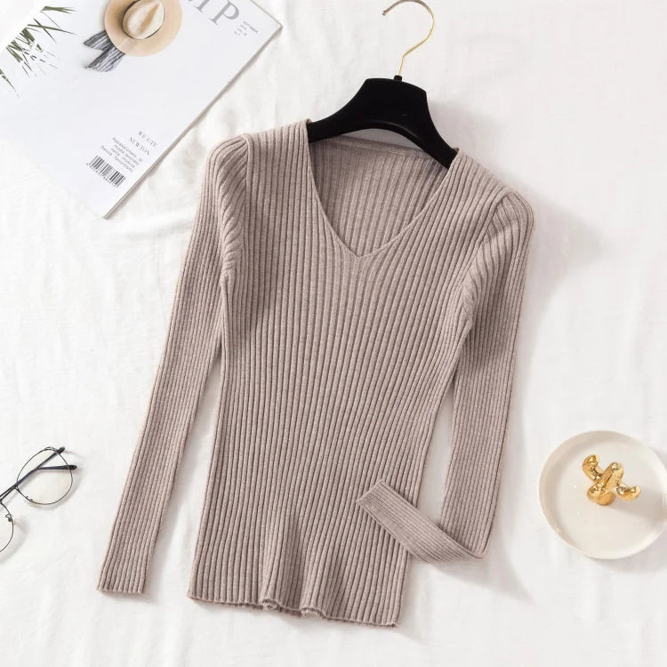 2026 Casual Long Sleeve Knitted V Neck Pullover Autumn Winter Women Sweaters Femme Basic Solid Jersey Tops Fashion Clothes