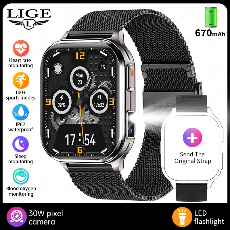 Smartwatch with black case and black mesh band, plus extra orange strap