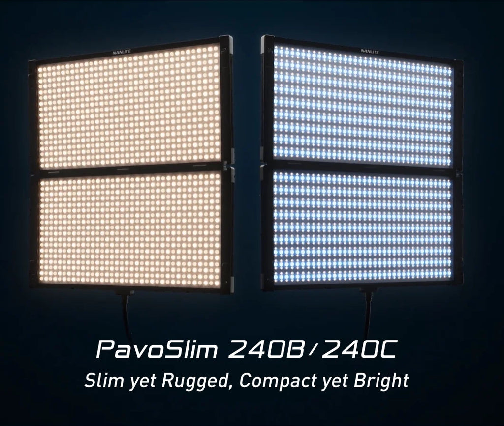 Two square LED panels for photography and video, one emitting warm light and the other cool white light.