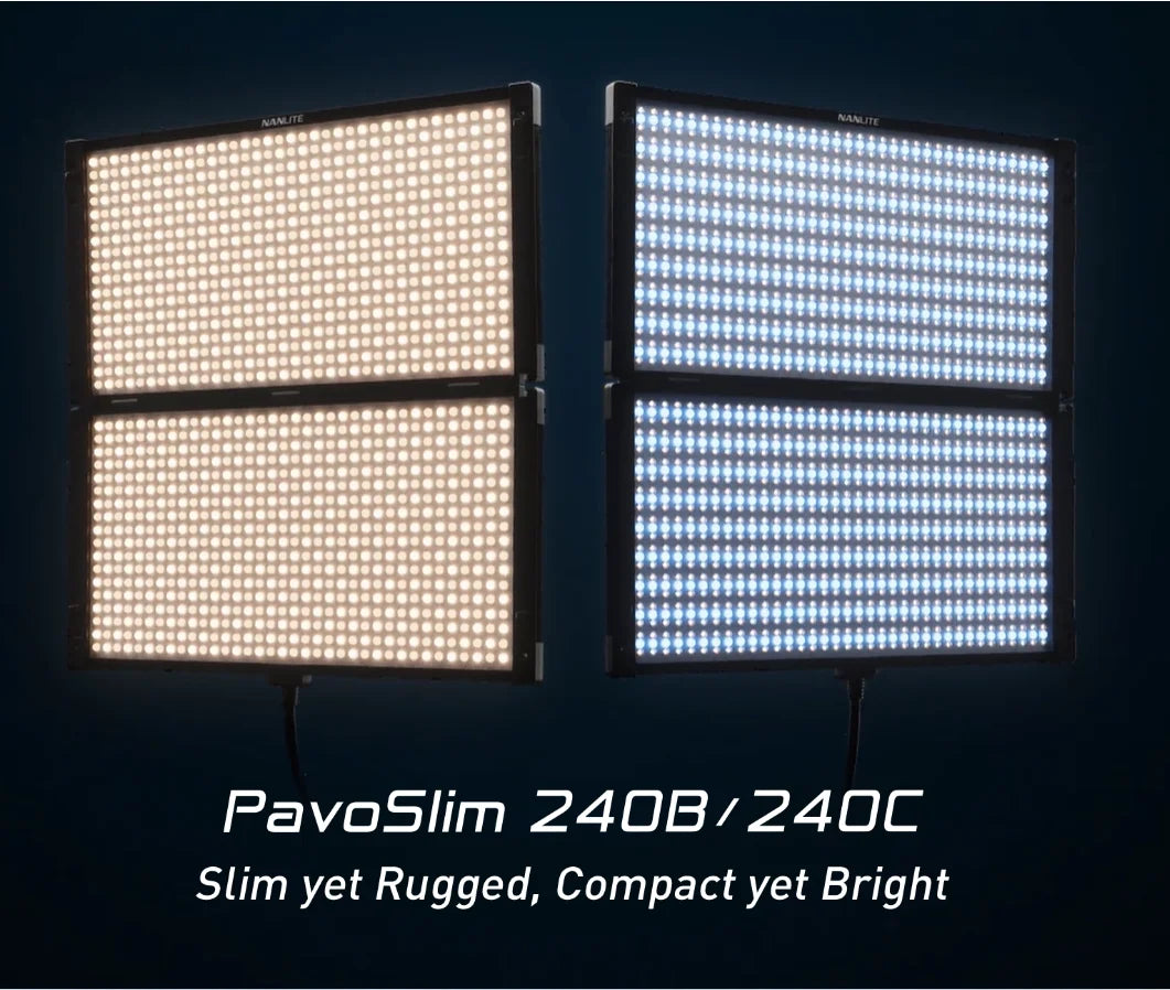 Two square LED panels for photography and video, one emitting warm light and the other cool white light.