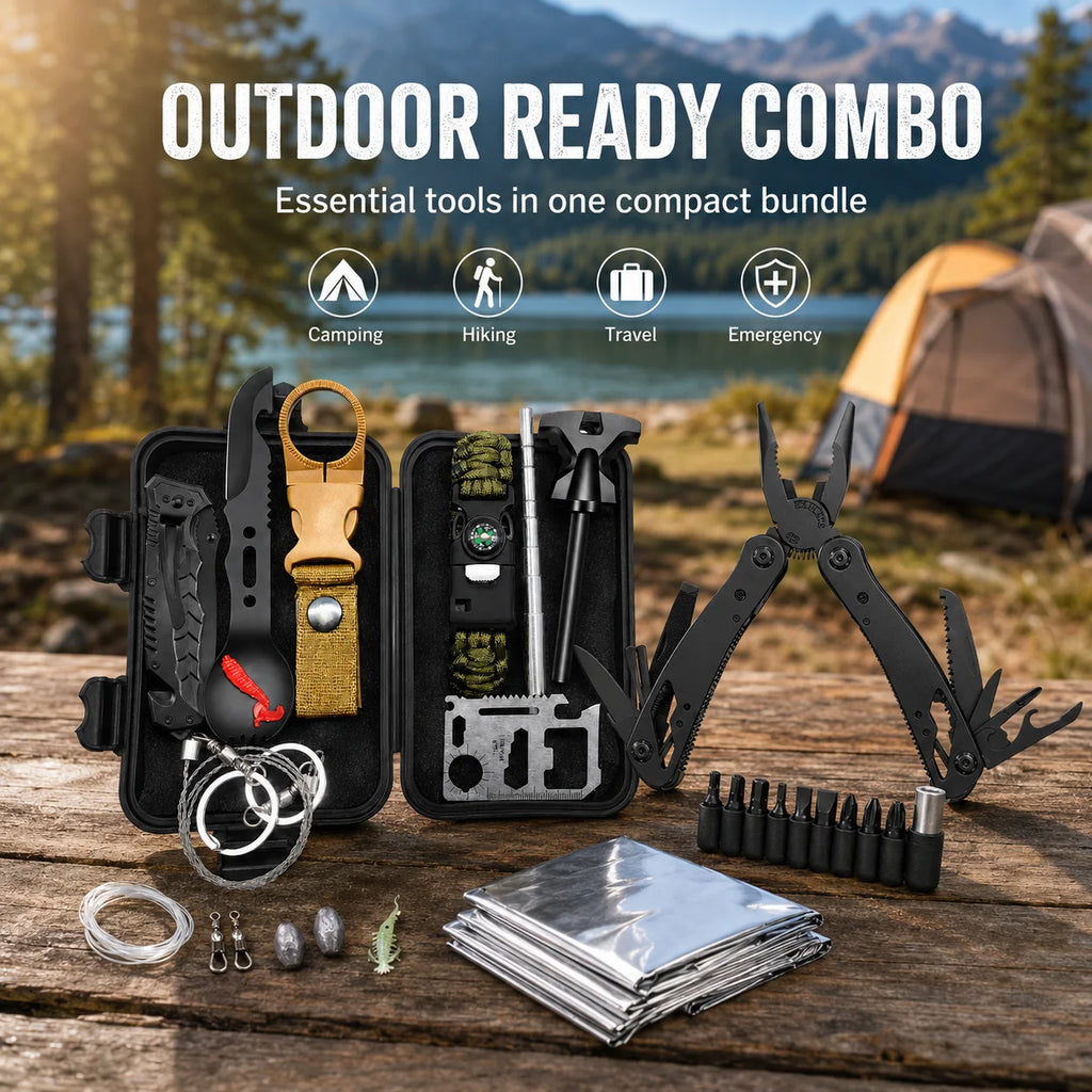 Portable 2PCS Multitool Combo Set, Emergency Survival Kit and Folding Pliers Tool with Bit Set, Outdoor Repair Gear for Camping, Hiking, Backpacking and Home Maintenance