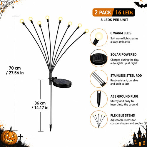 Solar firefly light set with flexible stems and 16 warm white LEDs, black ground stake