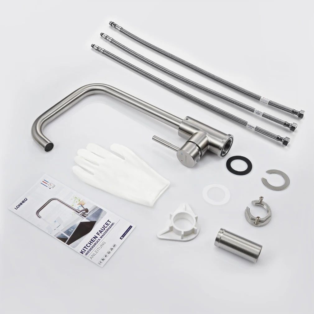 Low-pressure kitchen faucet, chrome-plated, 360° swivel, 304 stainless steel kitchen mixer