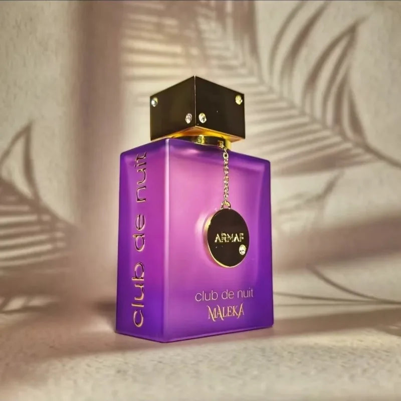 Armaf Club de Nuit Maleka EDP for men: purple square bottle, gold cap, luxury cologne for a seductive, lasting scent.
