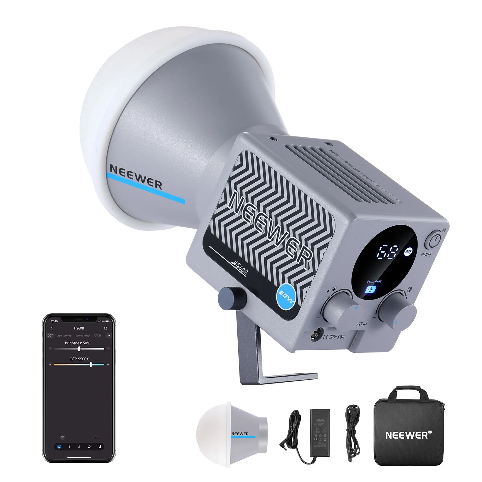 Gray 60W LED video light with reflector, control knobs, digital display, smartphone app, power cable, and carry bag.