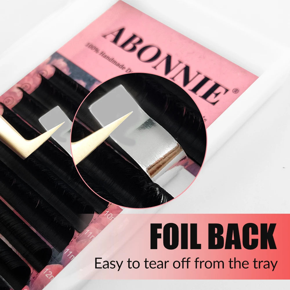 Abonnie black easy-fan lash extensions in a tray with a silver foil backing for easy removal.