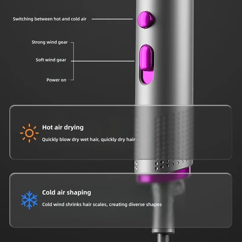 Silver foldable negative ion hair dryer with purple speed/heat controls for salon-quality blow drying and styling.