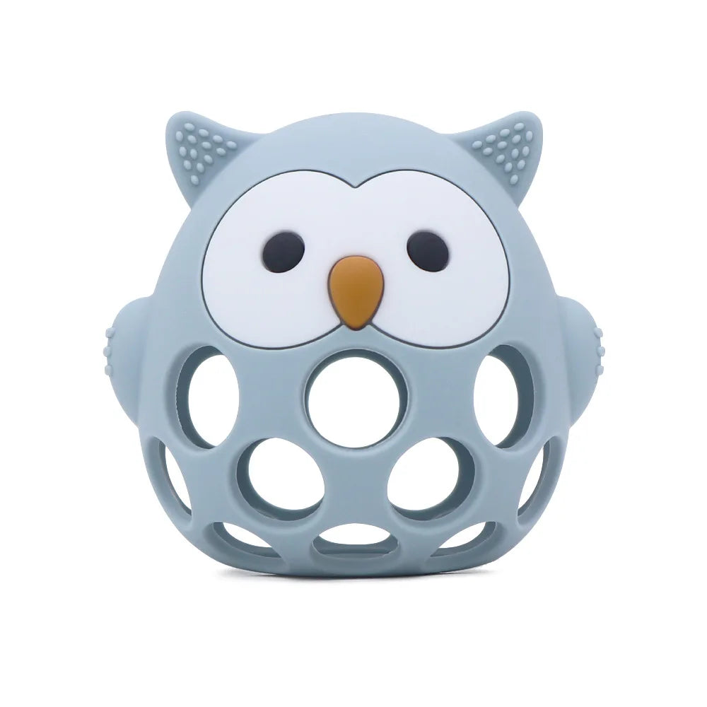 Blue owl silicone baby teething toy for relief and sensory play.