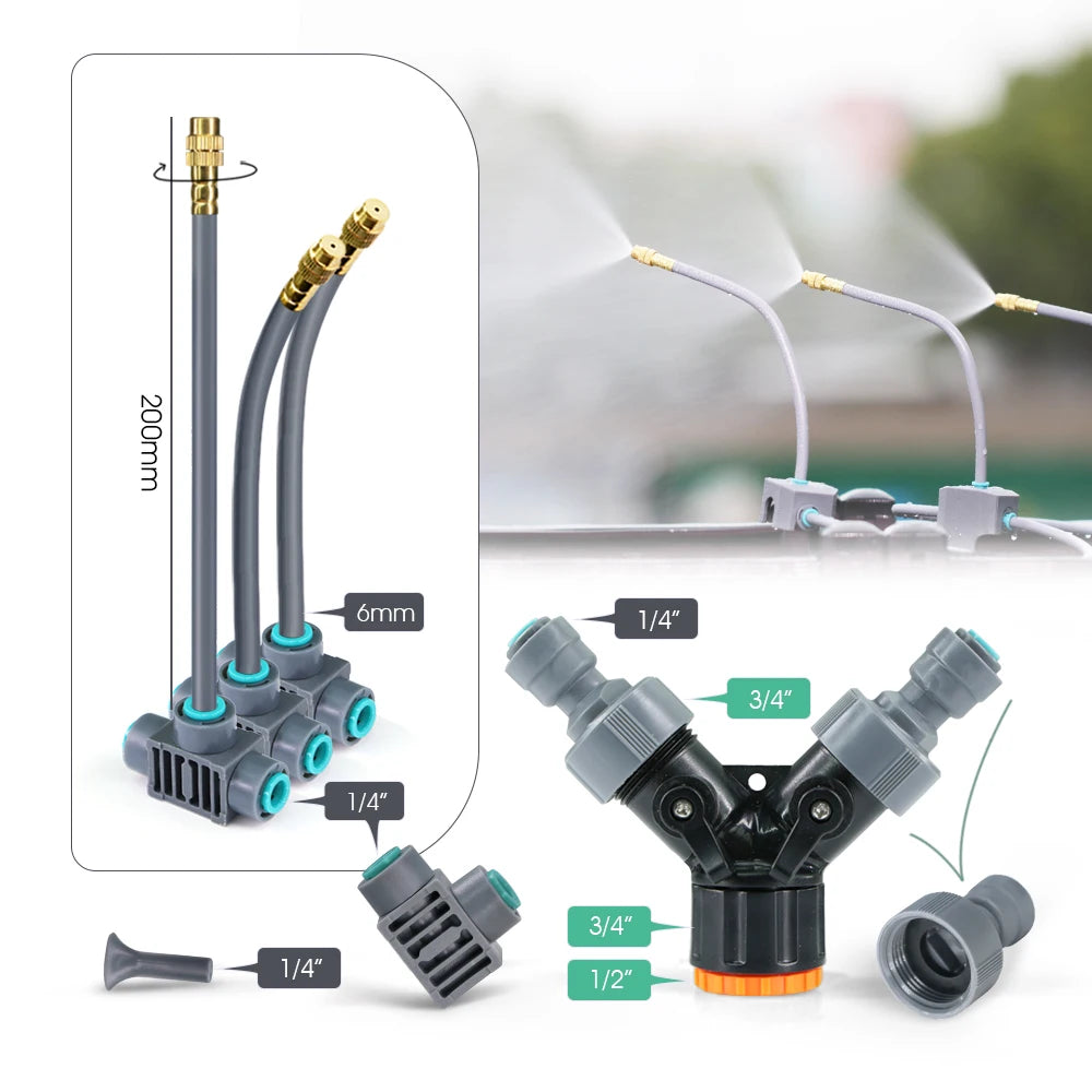 1/4'' Flexible 360° Rotary Adjustment Brass Nozzle Irrigation Set Quick Connection Automatic Atomization Garden Watering System