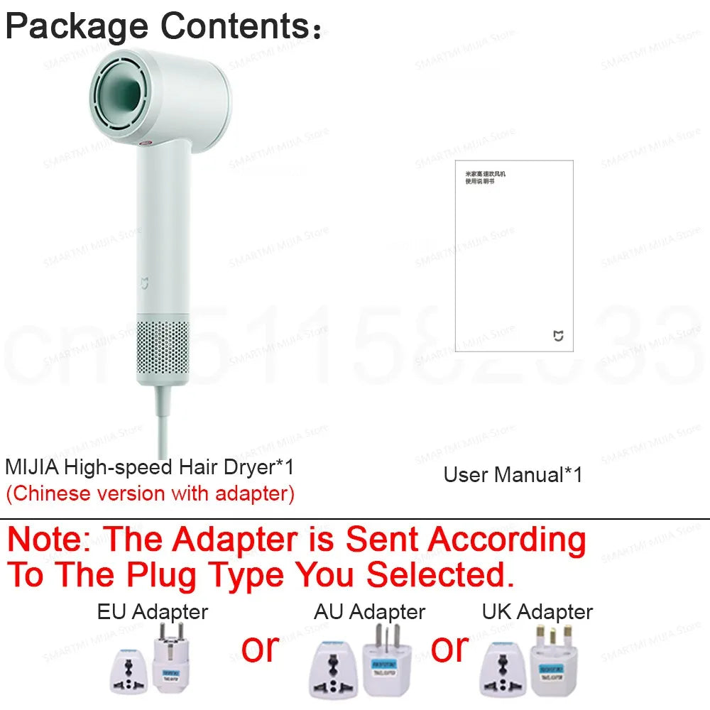 White MIJIA high-speed hair dryer with 110,000rpm motor, user manual, and international travel plug adapter set.