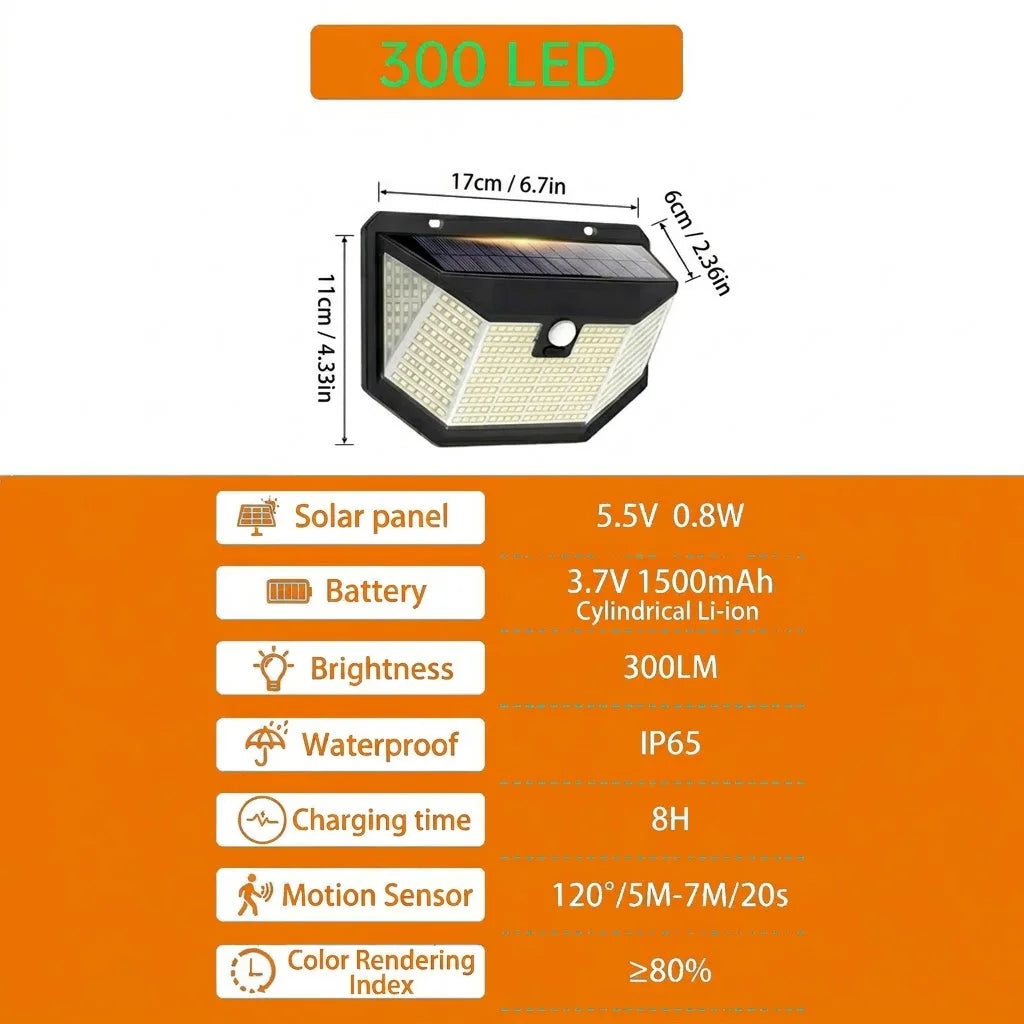 300 LED Solar Outdoor Lights 270° Wide Angle Motion Sensor Security Wall Lamp IP65 Waterproof for Garden